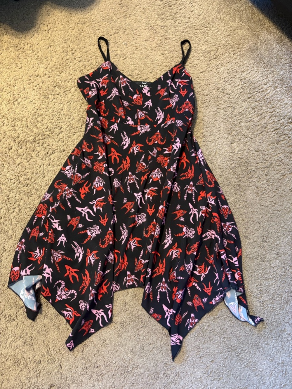 Killstar Size Small Spaghetti Strap Dress With Pink and Red Demon Pattern